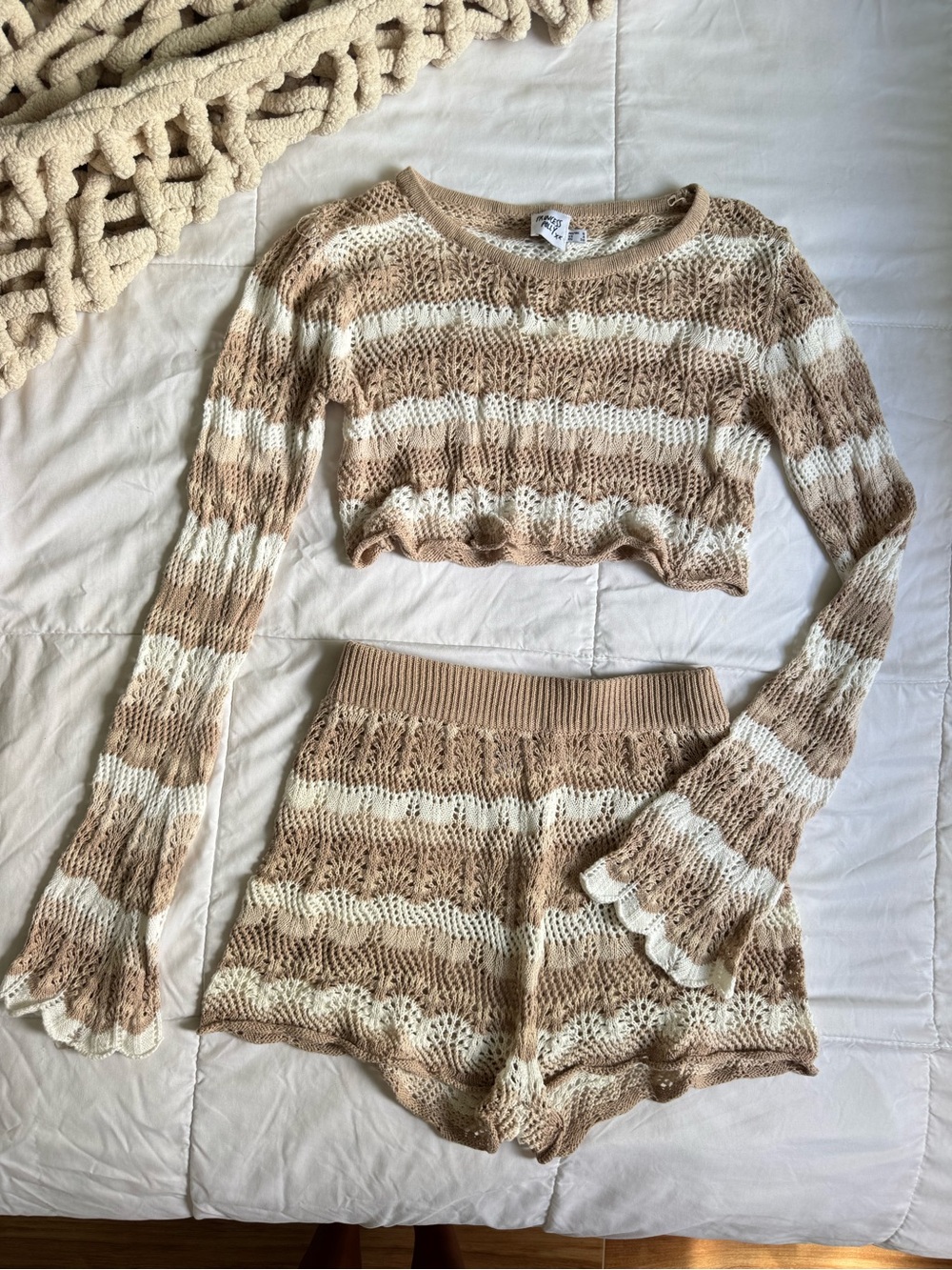 Princess Polly Striped Crochet Knit Two-Piece Set in Beige and Cream